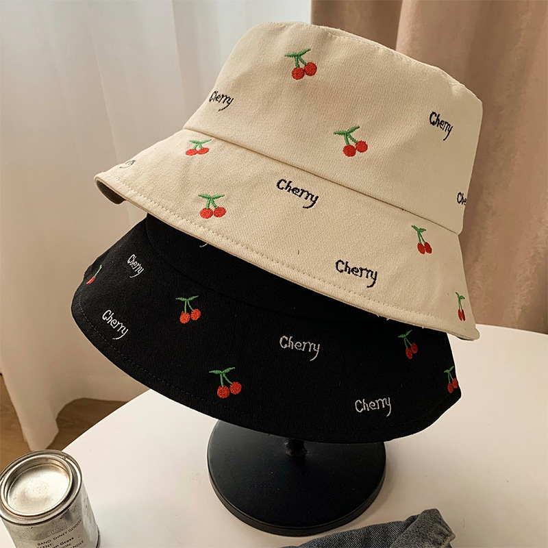 樱桃渔夫帽女夏季韩版大头围显脸小少女水桶盆帽遮阳防晒帽子百搭