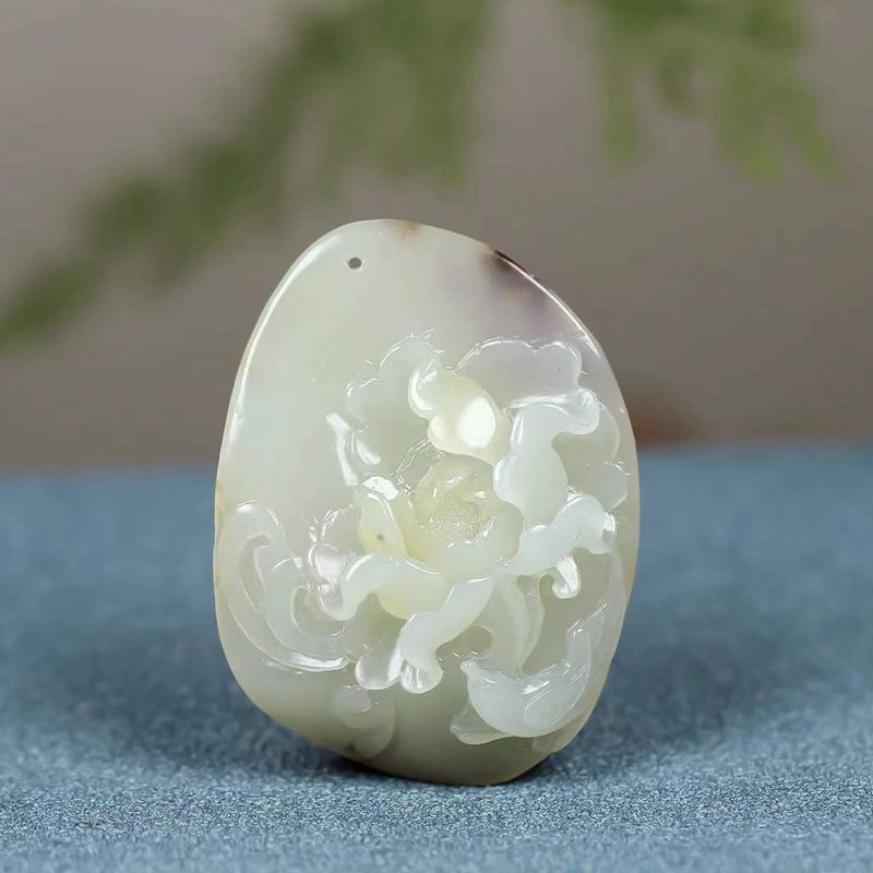 温润斋天然和田玉籽料玉石花开富贵吊坠玉器牡丹花挂件送证书