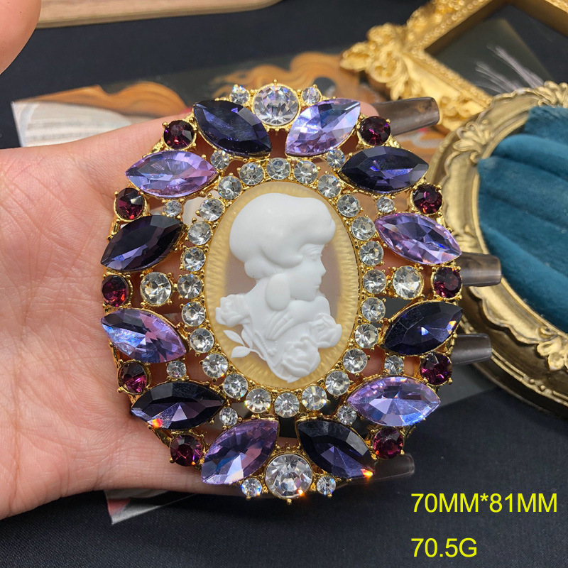 Mid-Ancient Vintage Ornament Cross-Border Avatar Embossed Brooch Earrings with Diamonds Rhinestone Purple Porous Design