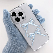 法式甜美奶蓝色丝带蝴蝶结适用iphone15promax/14pro手机壳保护套