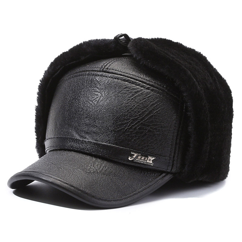 Winter New Men's Peaked Cap Winter Elderly Thickened Earflaps Baseball Cap Thermal Cotton Hat Middle-Aged and Elderly Poly Urethane Leather Cap