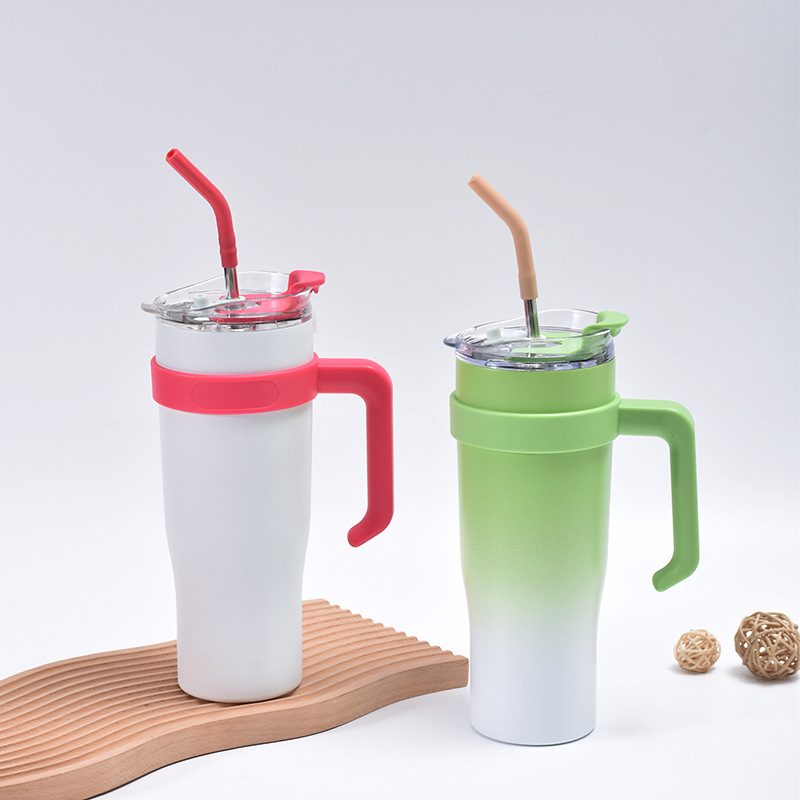 Cross-Border New Giant Vacuum Cup 40Oz Large Capacity Double Layer Handle Cup 304 Stainless Steel Straw Cup