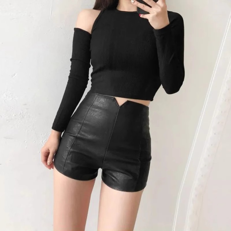 Black Leather Shorts Women's 2023 Autumn and Winter plus Size Plump Girls Wide-Leg Pants High Waist Slimming A- line Pants Casual Base Bootcuts