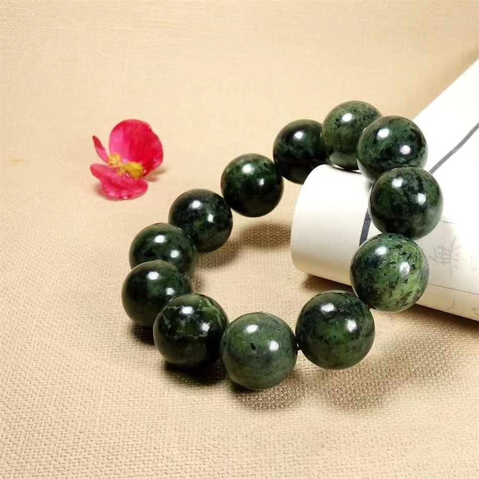 臧玉药王石手链活磁单圈手串橄榄绿陨石墨绿玉手链直播批发