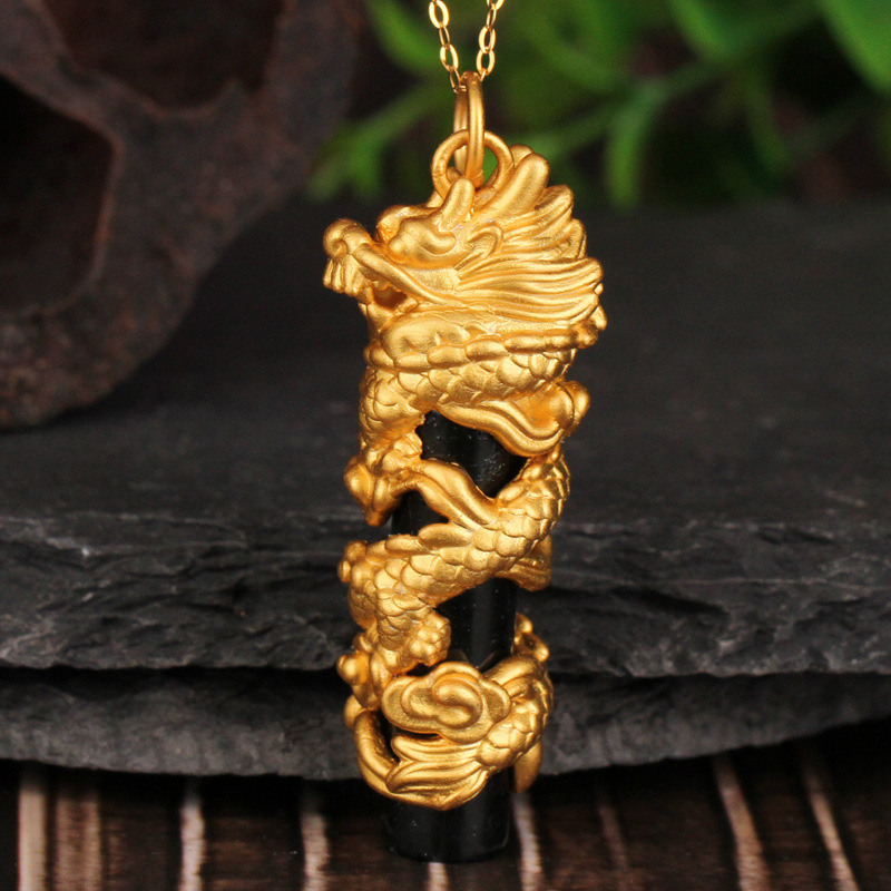古法银男士龙柱吊坠 925银镀金镶墨玉父亲节直播会销微商团队礼品