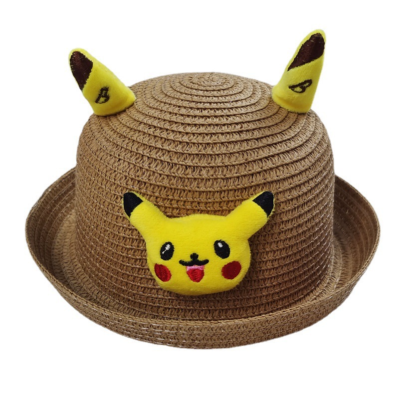 Cross-Border Children's Pikachu Woven Straw Hat Boys and Girls Cute Cartoon Elf Bucket Hat Kids Sun-Shade Fisherman Hat