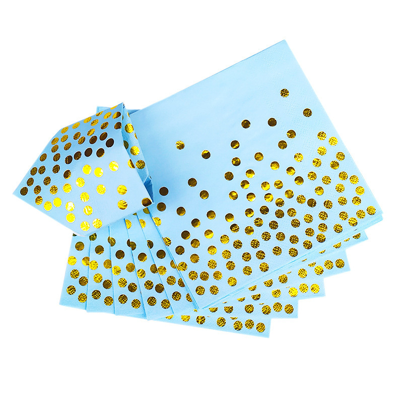 Gilding Dot Blue Set Polka Dot Birthday Tableware Disposable High-End Plate Dim Sum Plate Paper Cup Tissue Supplies