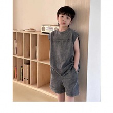 韩版童装男童套装夏季2024新款洋气儿童水洗做旧背心短裤两件套潮
