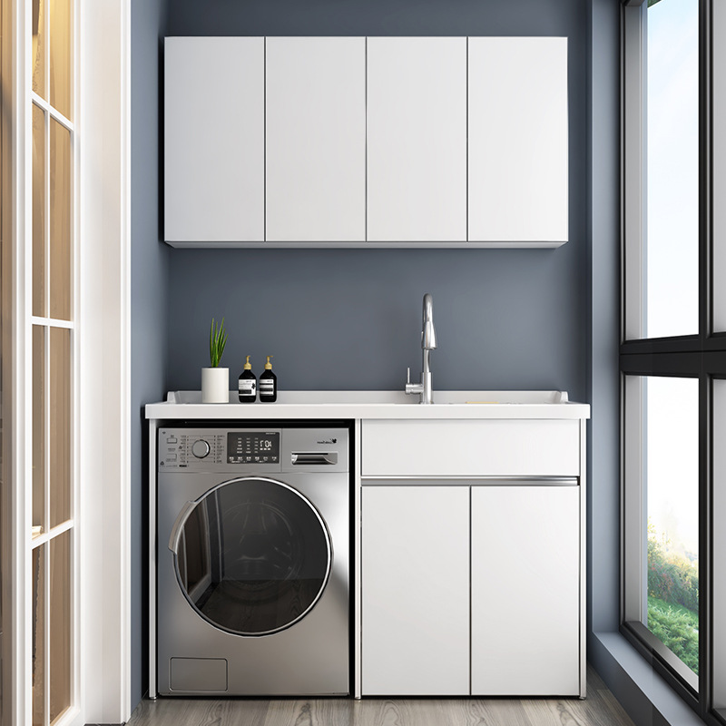 阳台太空铝纯白洗衣柜组合一体石英石带搓板滚筒洗衣机伴侣柜厂家