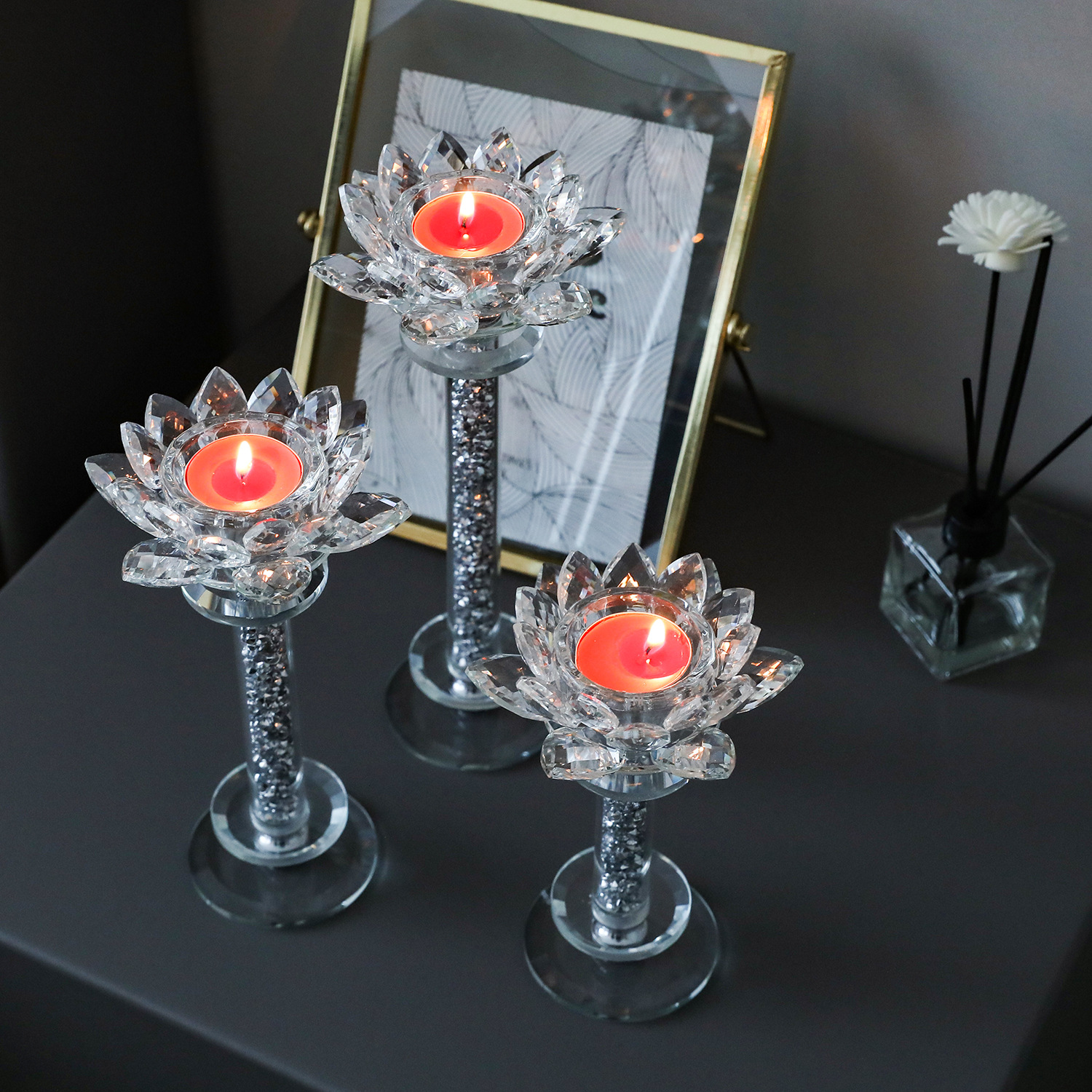 Silver Lotus Candlestick 3-Piece Set Crystal Glass Small Candle Holder Romantic Candlelight Dinner Props Western Restaurant Candlestick