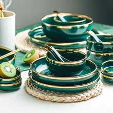 轻奢风祖母绿金边陶瓷餐具套装家用网红饭碗面碗汤碗碗碟套装盘子