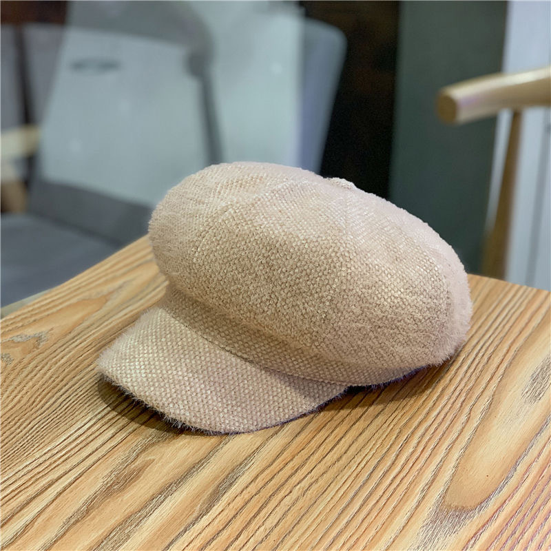 New Chenille Octagonal Cap Peaked Cap Female Korean Style Versatile Autumn and Winter Hat Warm Female Solid Color Pumpkin Beret Tide