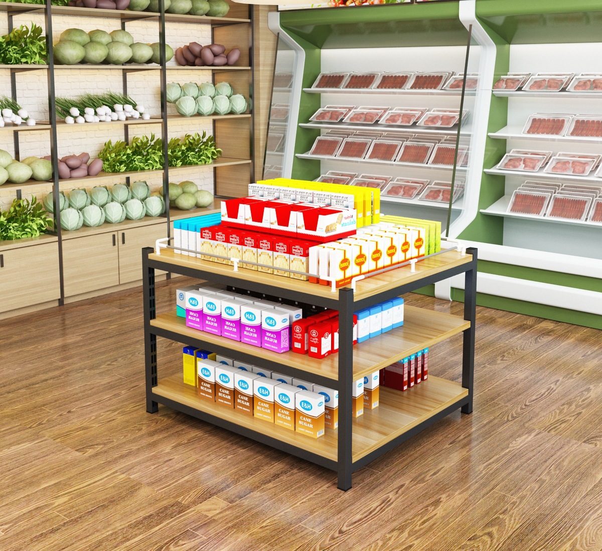 超市牛奶堆头展示架饮料台陈列架钢木货架加厚礼品盒洗化地堆