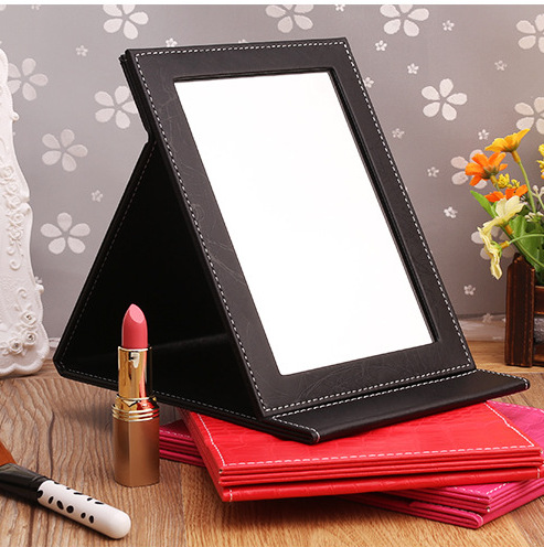 pu化妆镜 台式折叠高清镜子便携大号方形黑色镜子pu梳妆镜随身