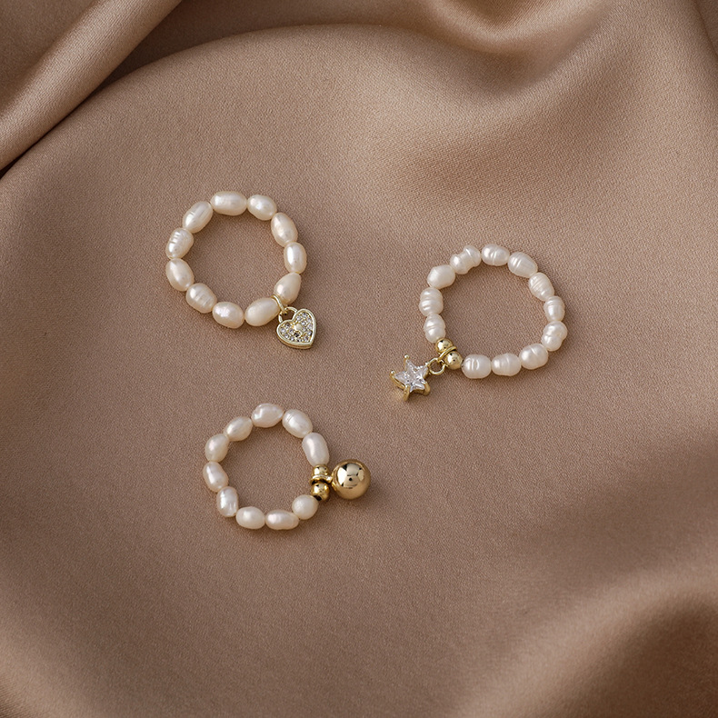 淡水珍珠戒指女时尚个性ins潮小众设计简约锆石爱心星星弹力戒指