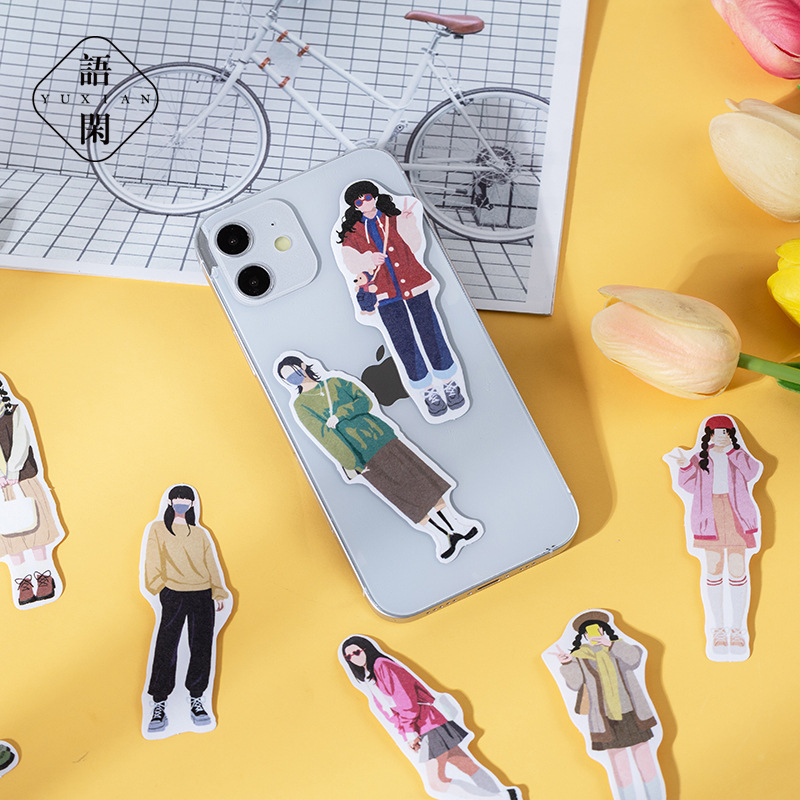 语闲和纸贴纸包 青春纪录册系列 卡通少女人物手帐素材装饰贴 4款