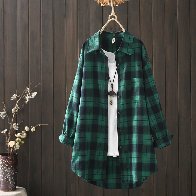 绿色格子衬衫中长款2024春秋格子衫两穿风衣外套短袖方格宽松衬衣
