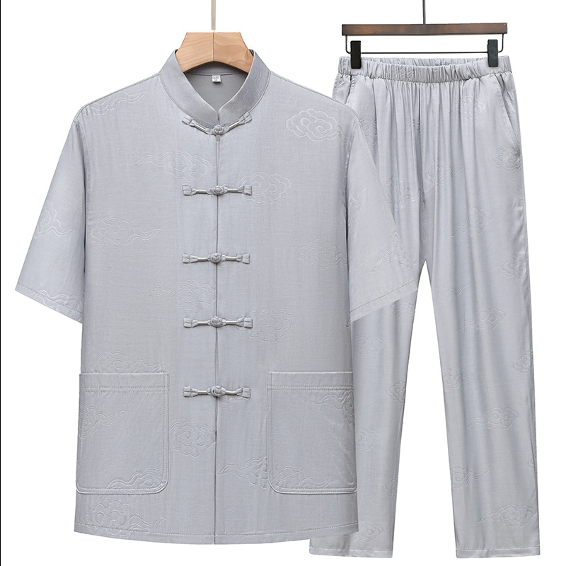 2024爸爸夏装短袖老年人唐装男士中国风休闲立领套装爷爷薄款衣服