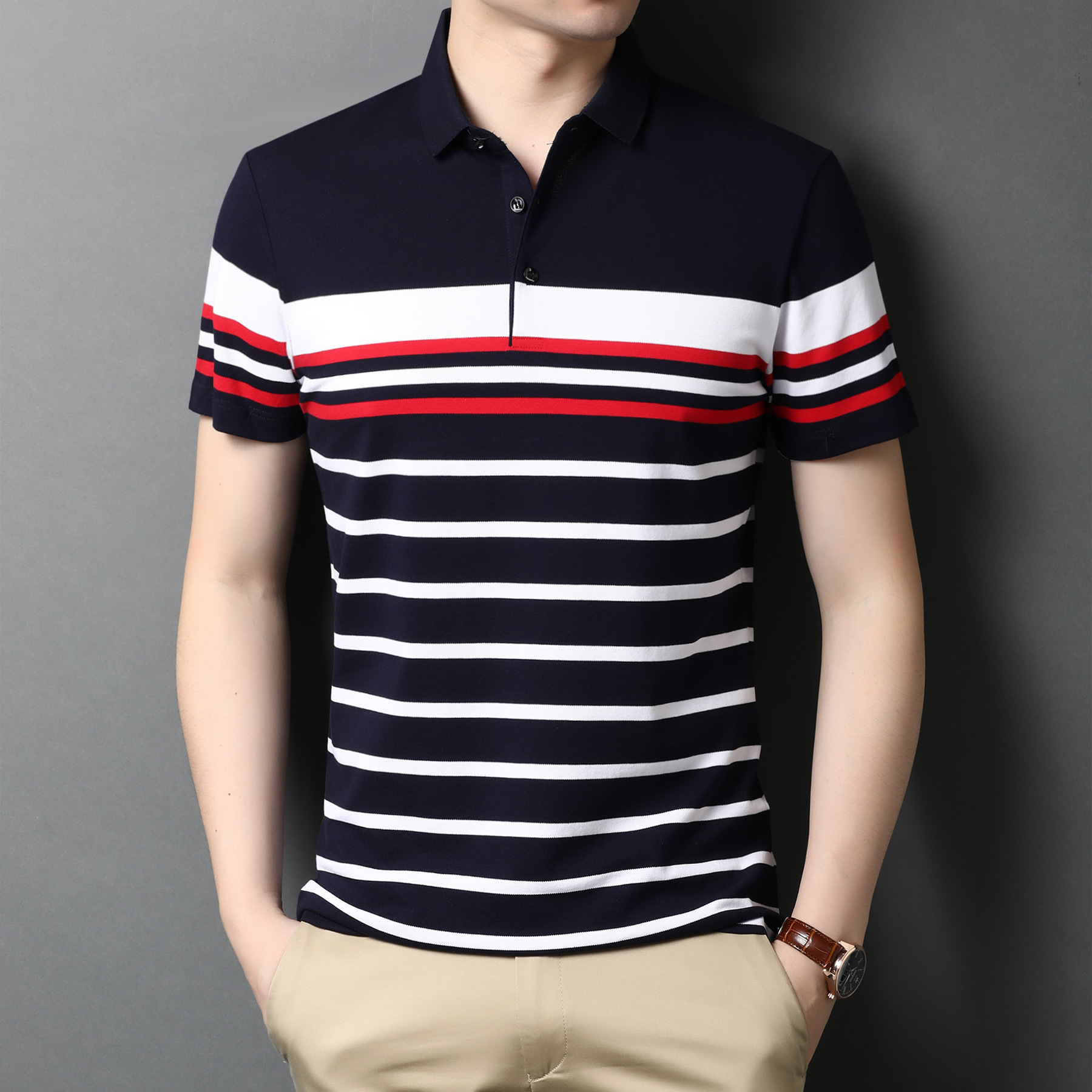 2023短袖t恤衫男士夏季翻领条纹polo衫带领汗衫男体恤休闲衣服潮