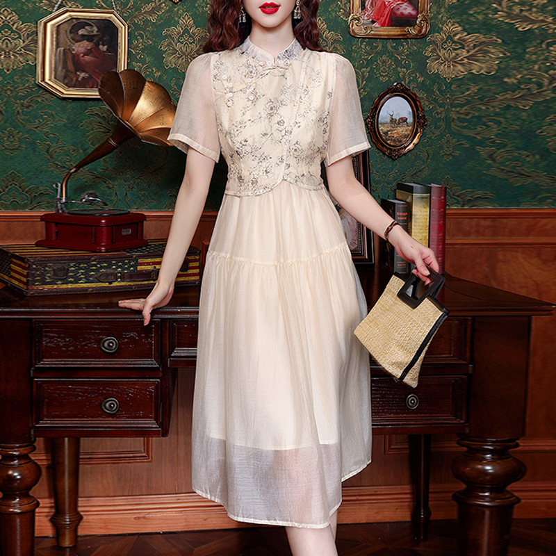 新中式改良旗袍连衣裙女夏季国风复古盘扣感收腰气质雪纺裙子