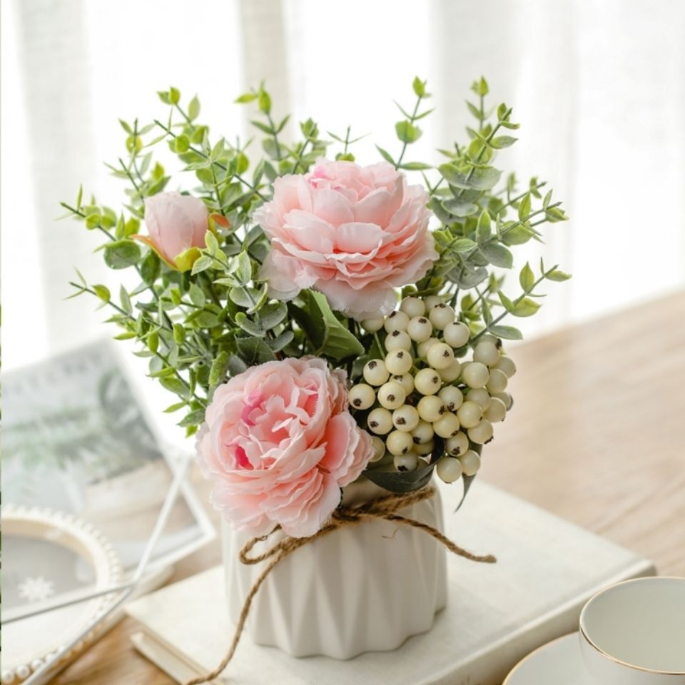 北欧风花陶瓷摆件麻绳花瓶玫瑰花摆件客厅卧室植物装饰套装