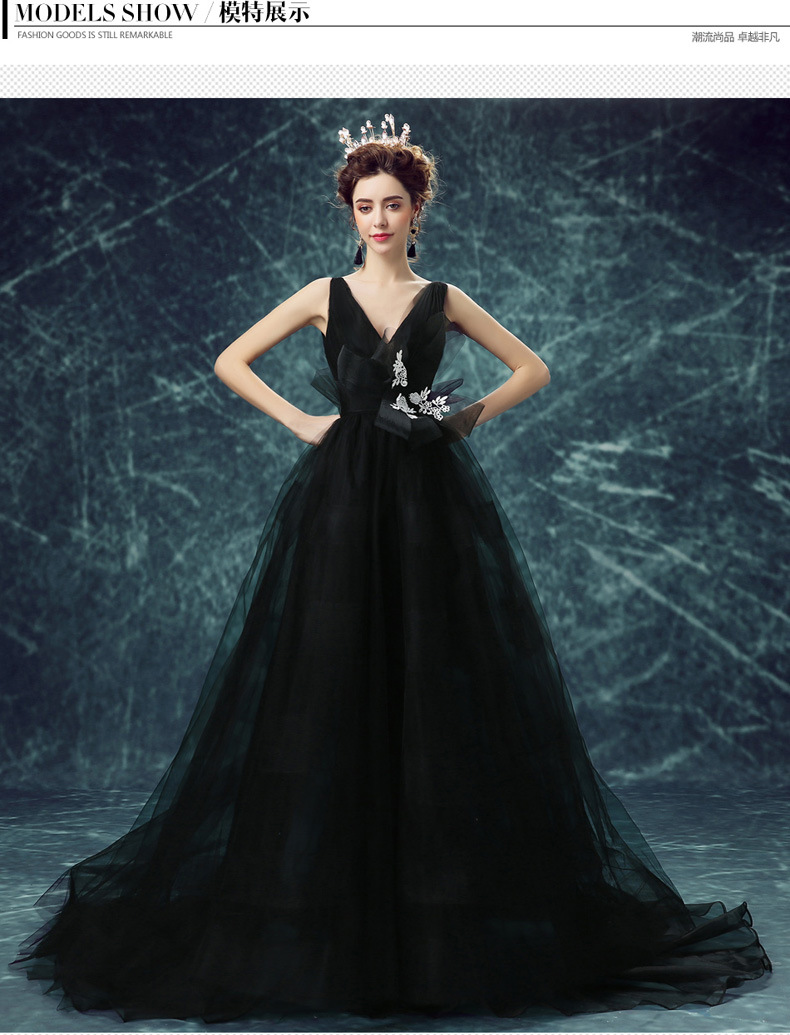 黑色性感深v领公主新娘婚纱礼服晚宴年会主持人露背礼服影楼婚纱