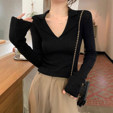 polo翻领针织打底衫女内搭纯色设计感百搭时尚毛衣女新款长袖上衣