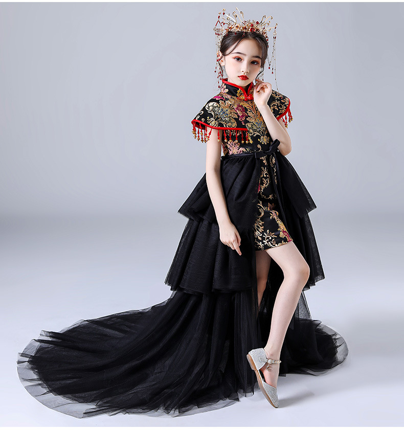 女童中国风旗袍儿童唐装模特洋气走秀拖尾礼服国潮改良霸气演出服
