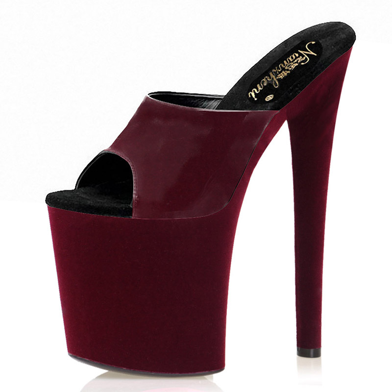 20cm酒红色绒面凉拖女性感钢管舞高跟鞋模特走秀防水台夜店恨天高
