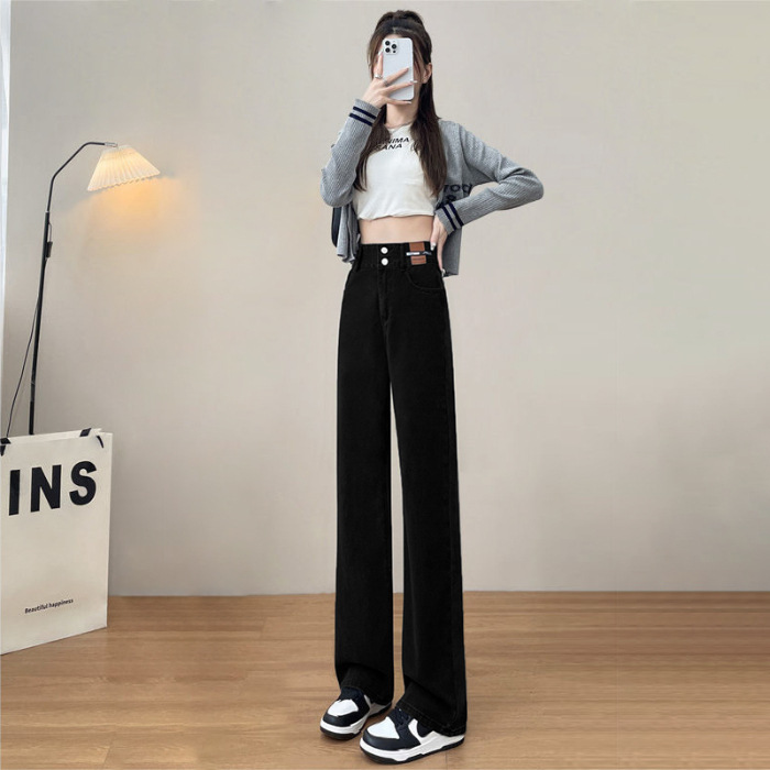 Retro Double Breasted Jeans for Women 2023 Autumn and Winter New Straight Loose High Waist Slimming Mopping Floor Denim Pants