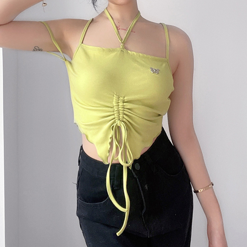 小清新绿不规则木耳边系带抽褶挂脖背心女一字肩多绑带胸章吊带衫