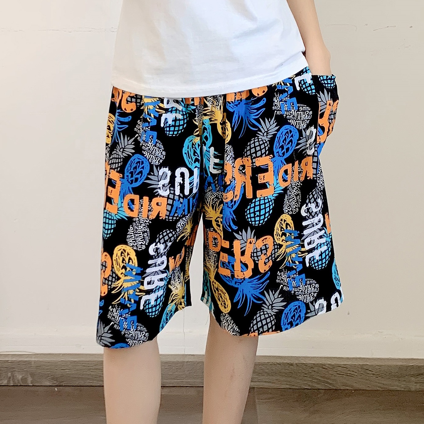 Cotton Silk Pajama Pants Men's Summer Thin Artificial Cotton Shorts Loose Large Size Five Points Flower Pants Can Be Worn outside Beach Pants