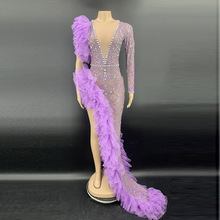 紫色钻石开衩单袖褶皱薄纱饰边婚纱新娘礼服长款舞会派对礼服聚会