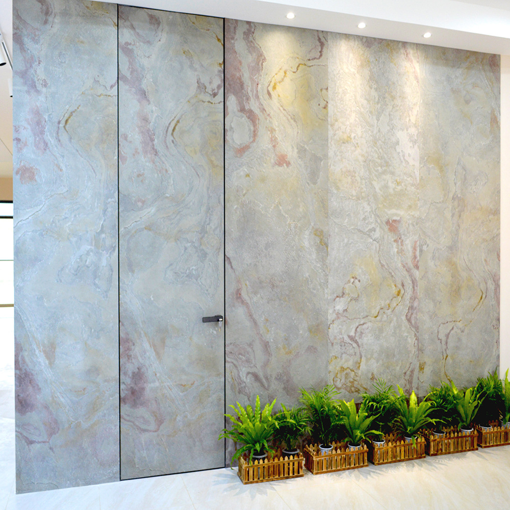 岩板门客厅电视背景墙门一体真实大理石纹免漆隐框隐形门厂家定制