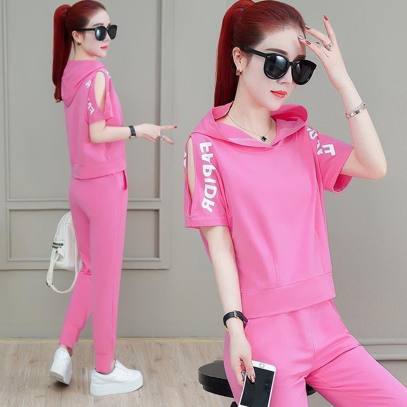 套装女2024新款爆款时尚宽松运动服夏装连帽短袖长裤学生两件套潮
