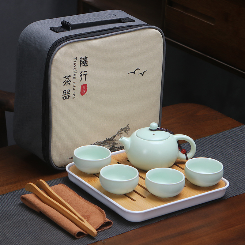 Factory Ceramic Matte Travel Tea Set Cultural and Creative Portable One Pot Four Cups Business Office Gift Logo Printing