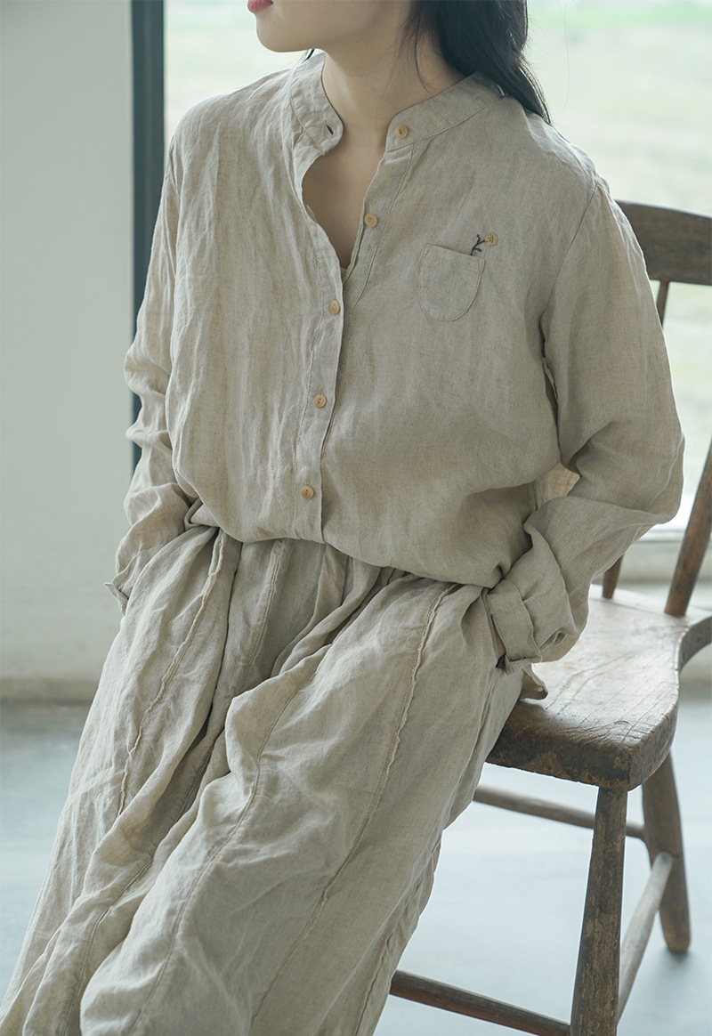 原创设计雨露麻绣花衬衫女 文艺干净质朴汉麻长袖上衣s22136