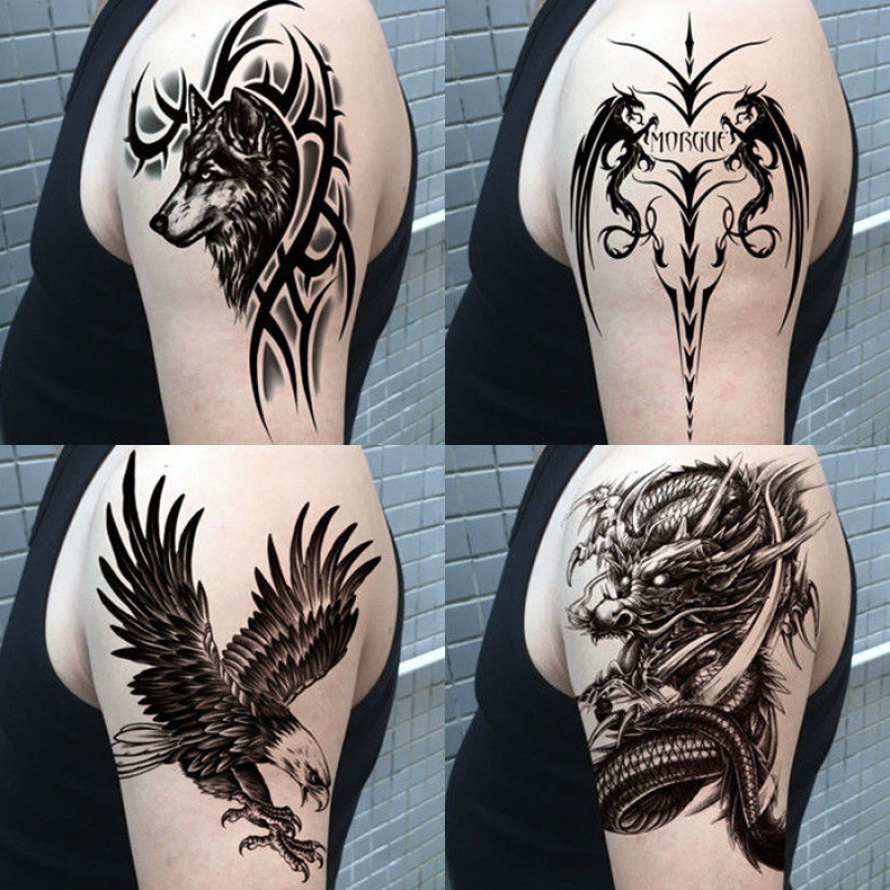 纹身贴批发持久霸气男过肩龙滴血狼头胸口花臂逼真图腾刺青贴纸