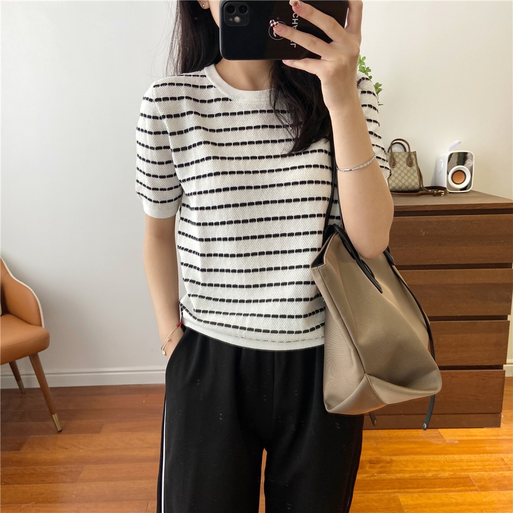 高端欧货女装黑白条纹立体提花海魂衫上衣针织衫短袖t恤女