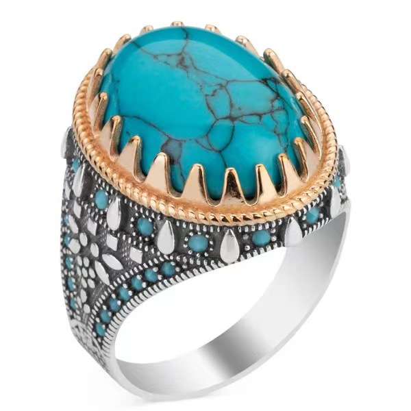 Wholesale Wish Cross-Border New Arrival Hot Sale Vintage Men's Electroplated Two-Color Inlaid Imitation Turquoise Ring
