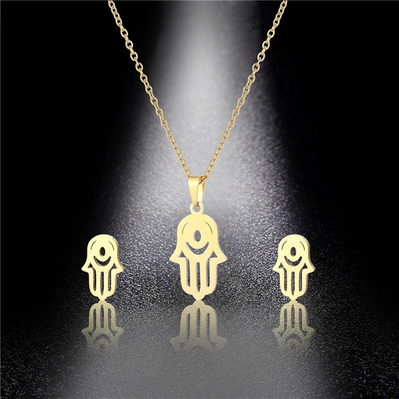 European Hip Hop Stainless Steel Golden Eyes Necklace and Earring Suit Cross-Border Fatima Hand Pendant Ecklace