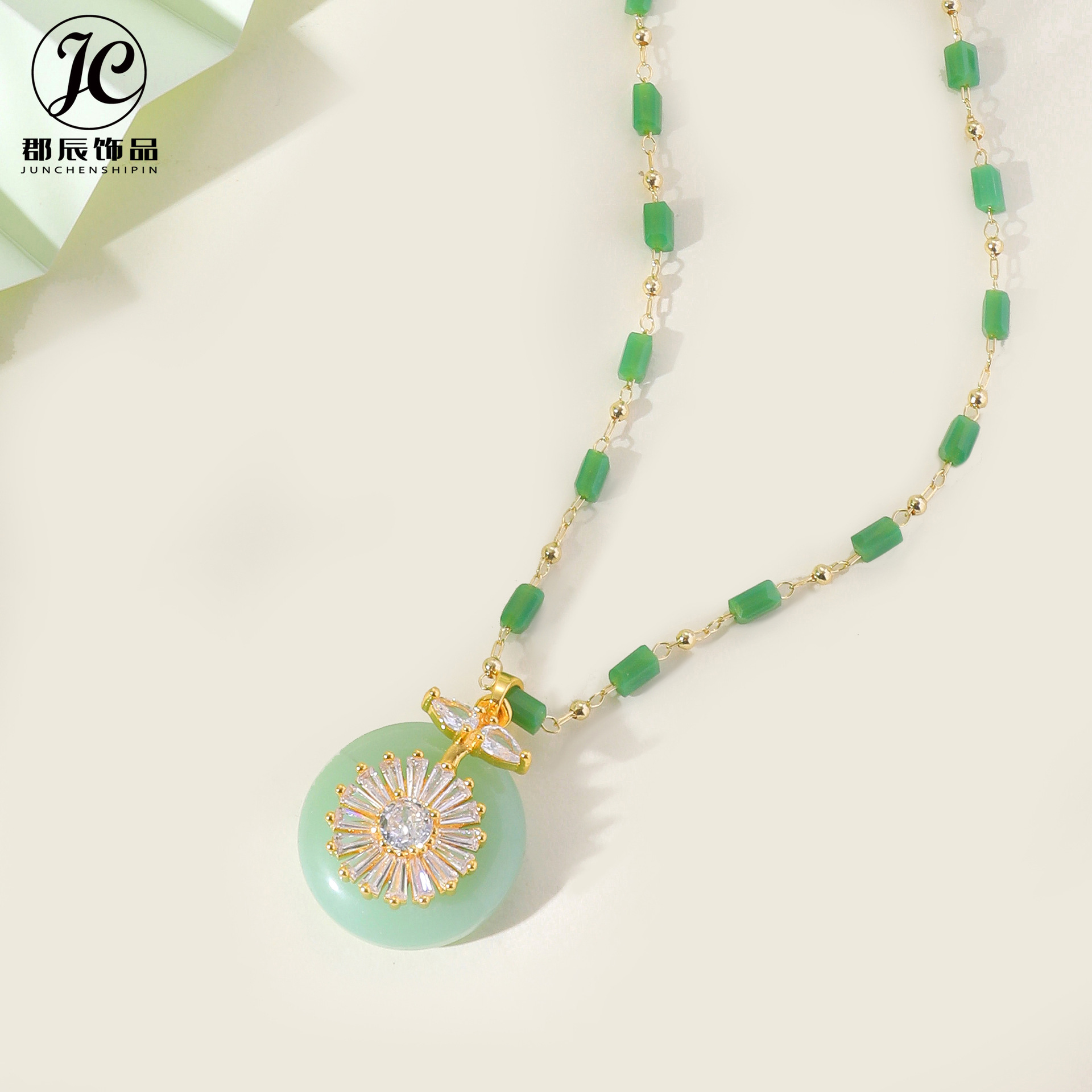项链女复古手工链平安扣镶锆石太阳花轻奢小众简约百搭高级感吊坠