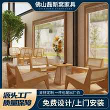 网红奶茶店咖啡厅桌椅组合奶油风甜品蛋糕店洽谈休息区实木编藤椅