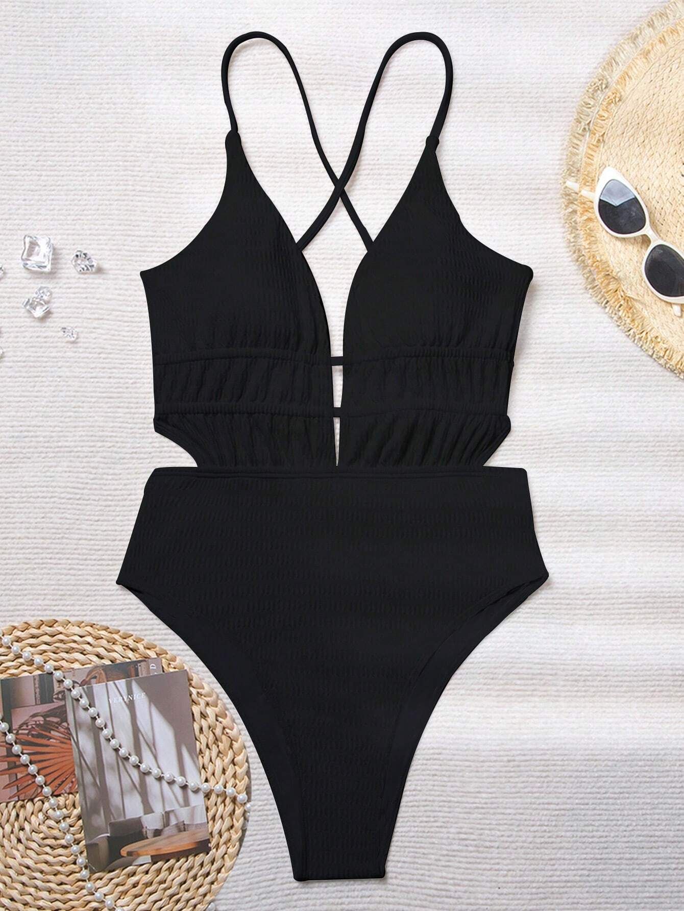 2024 New One-Piece Swimsuit European and American Deep V-neck Sexy Backless Lace up Swimsuit Ins Style Foreign Trade Swimsuit Spot