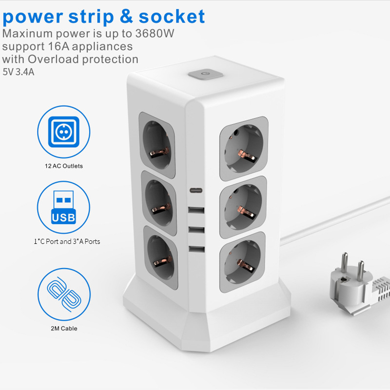 Amazon Cross-Border Vertical Tower European Standard with Usb Socket Power Strip European Standard German Desktop Multi-Functional Intelligence