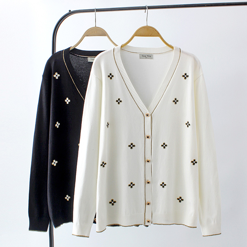 大码女装胖女孩显瘦减龄绣花针织外套秋季百搭休闲毛衣开衫421087