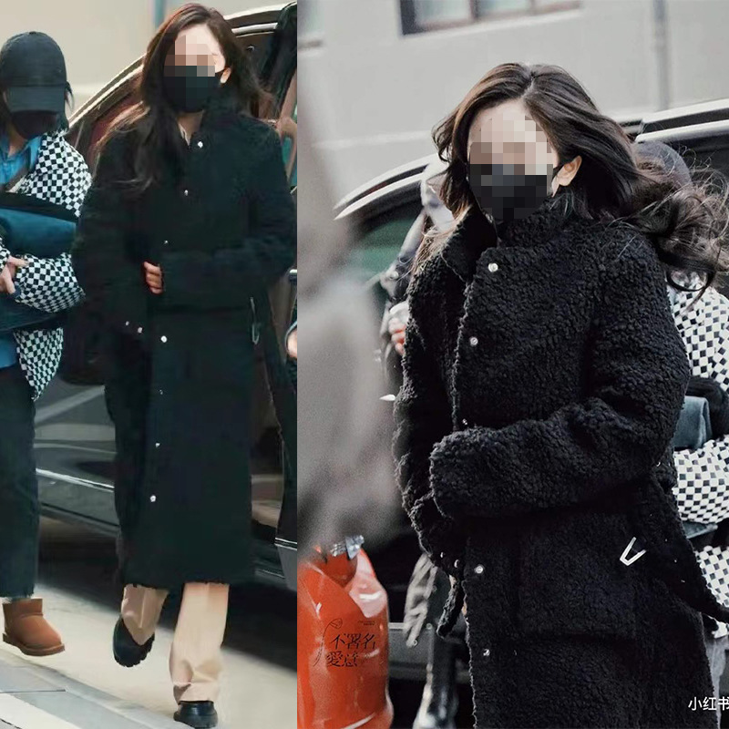 现货杨幂同款羊剪绒大衣外套女皮草中长保暖颗粒绒黑色羊毛皮毛潮