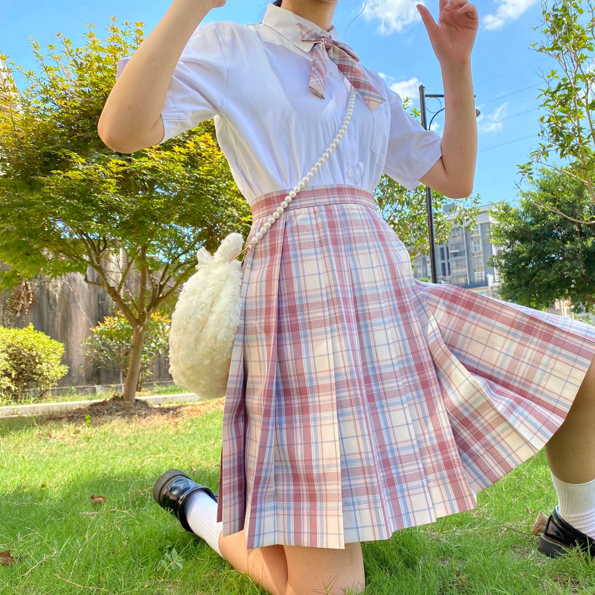 gq9148秋冬日系制服正版百搭校供绿格裙学院风高腰jk格纹百褶裙