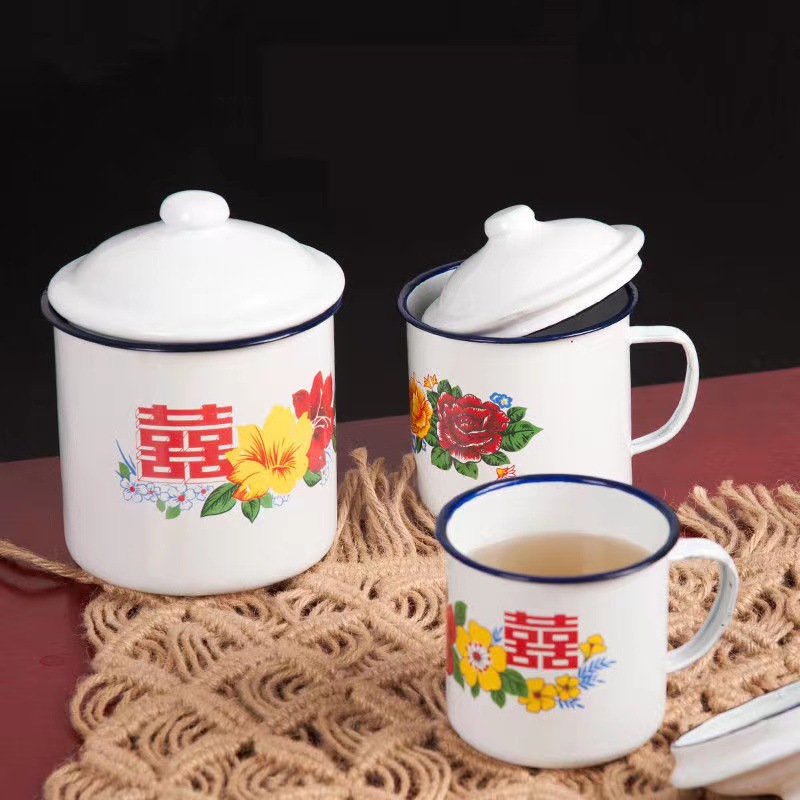 Wholesale Xi Character Nostalgic Old-Fashioned Iron Enamel Mug Vintage Craft Tea Container Flower Enamelled Cup Double Happiness Tea Container