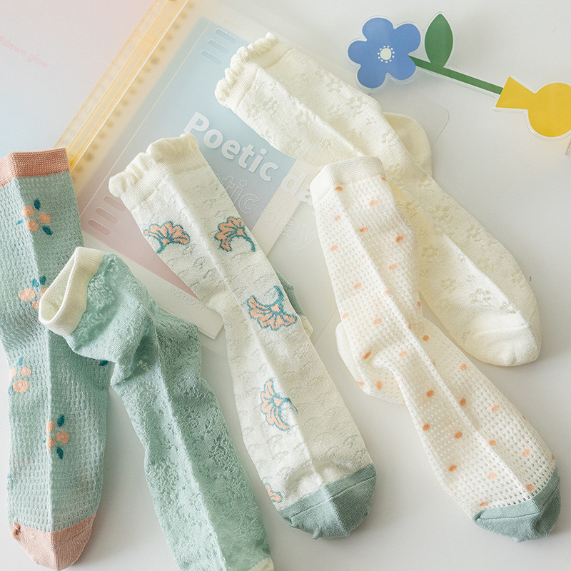 Youyou Blue Full of Flowers Summer Thin Hollow Mesh Breathable Fresh Tube Socks